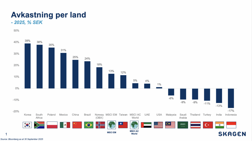 Fig. 1: Stark avkastning på tillväxtmarknader hittills i år med stor spridning mellan marknader.