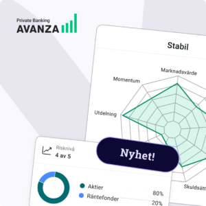 Grafik för Avanza Private Banking som visar Sigma-portföljen Stabil, risknivå 4 av 5 och fördelningen 80 % aktier och 20 % räntefonder.